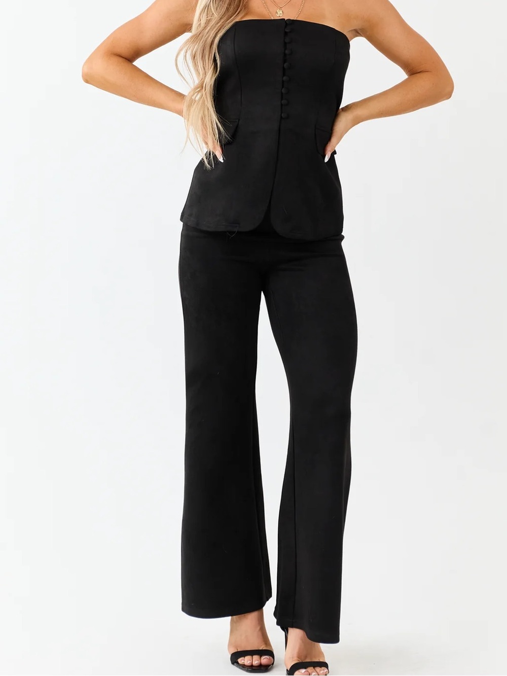New Black Faux Suede Strapless Top and Wide Leg Pant Set large